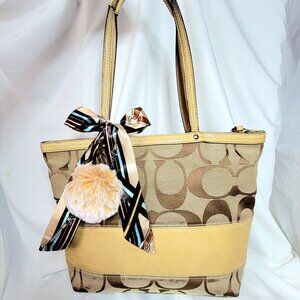 Coach 2008 Signature Gallery Tote Bag, Pink Interior w/ Bag Scarf & Pompom